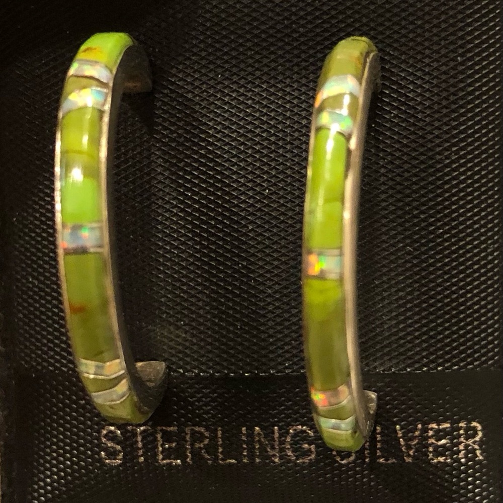 Shirley Martinez Native Inlay Stamped Sonoran Gold & Opal Earrings 925